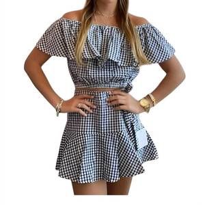 NEW MEET ME IN SANTORINI gingham off shoulder top in blue